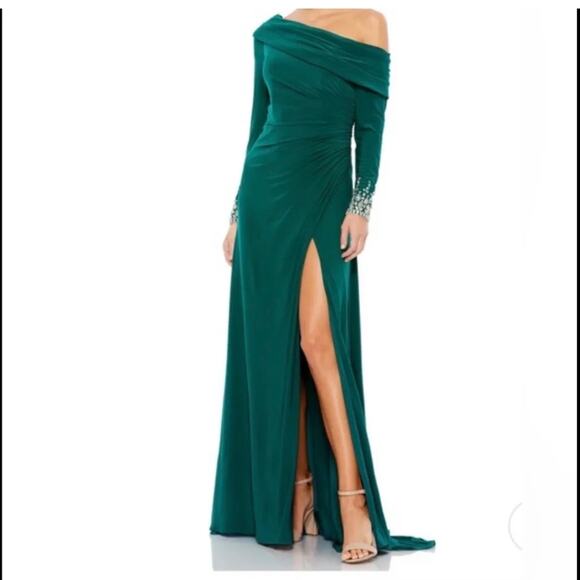 Mac Duggal Beaded Cuff Drop Shoulder Faux Wrap Emerald Gown Women’s 12 Dress - Picture 1 of 6